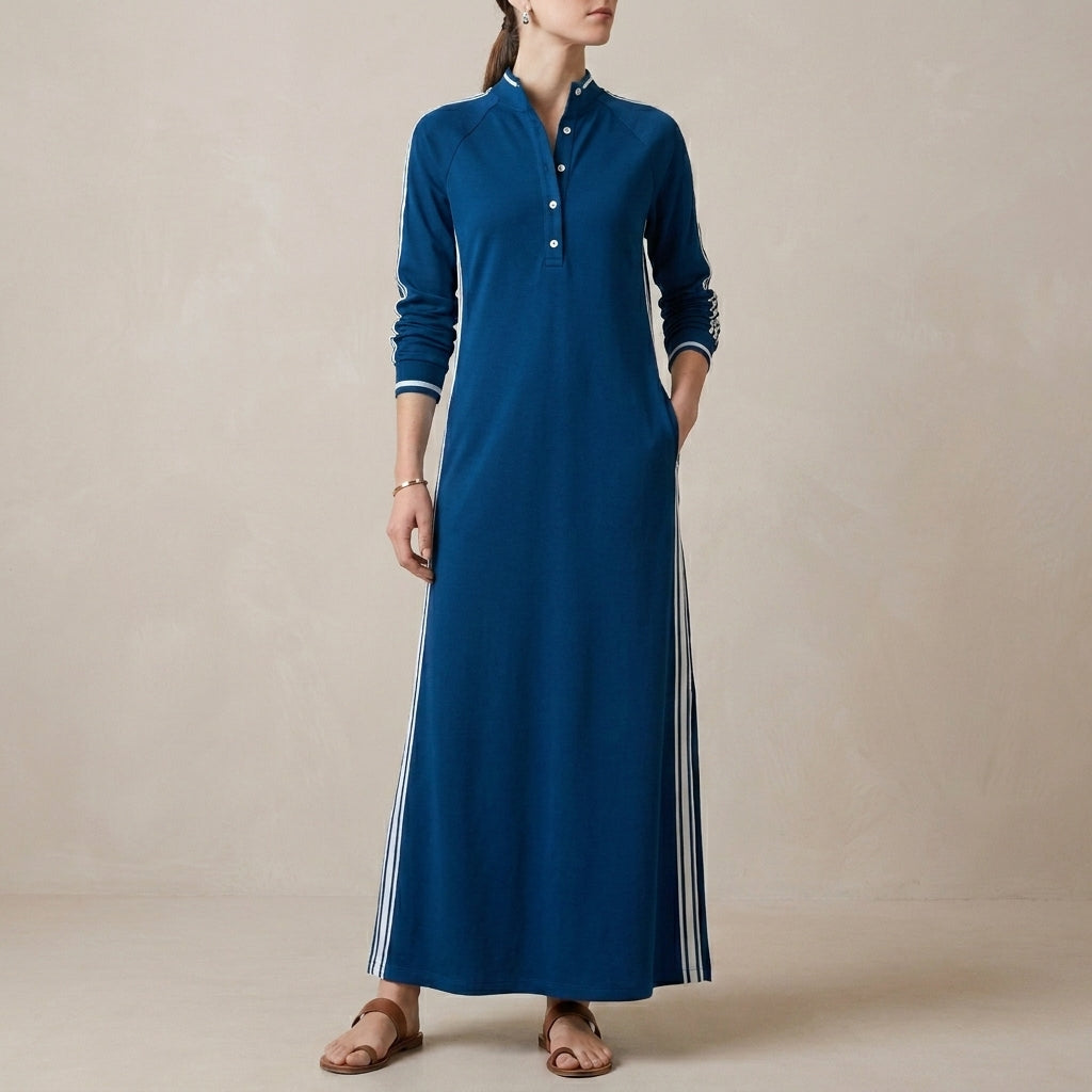 Relaxed Maxi Sweatshirt Dress with Contrasting Trim and Buttoned Collar