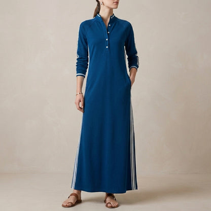 Relaxed Maxi Sweatshirt Dress with Contrasting Trim and Buttoned Collar