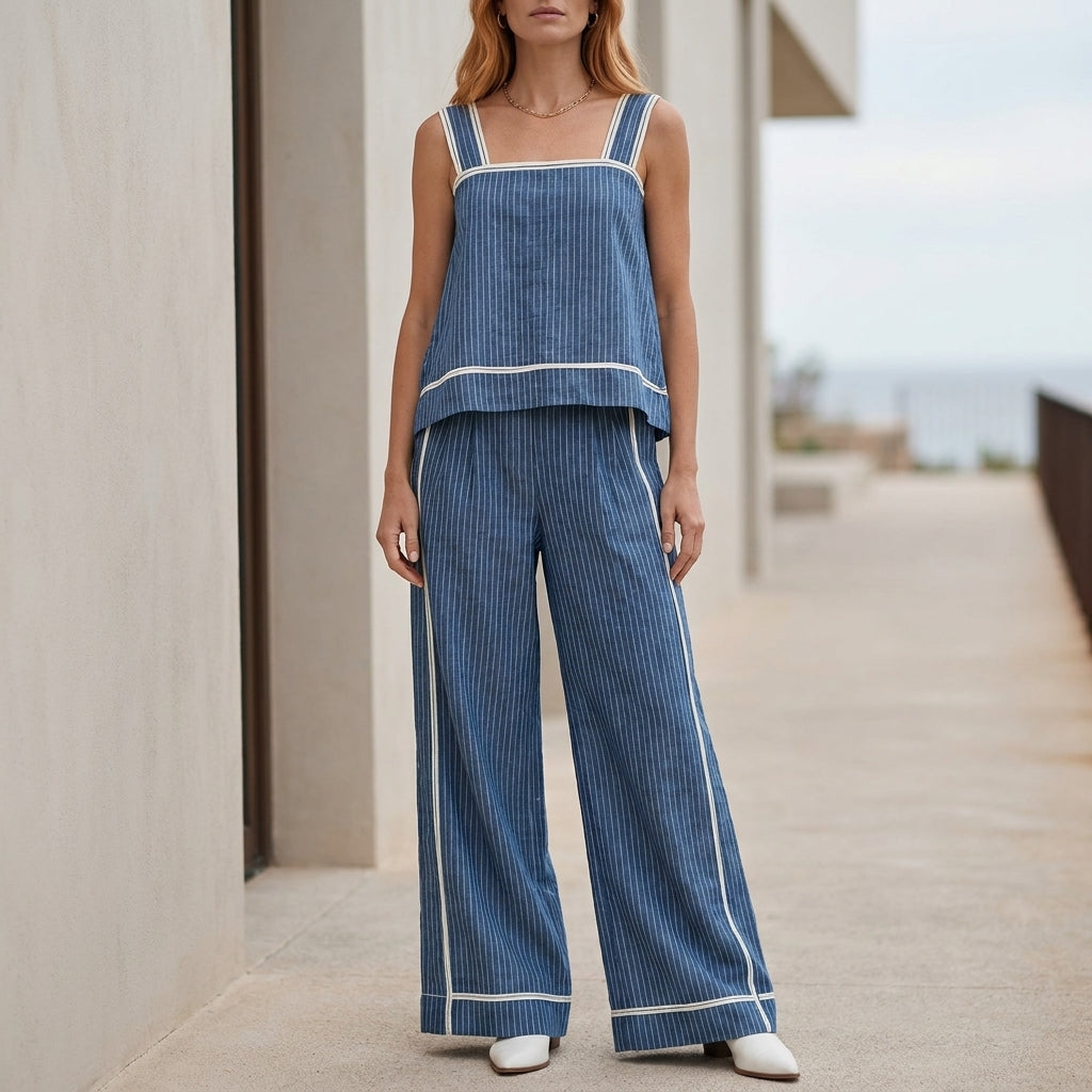 Coastal Stripe Sleeveless Top and Wide-Leg Pant Set
