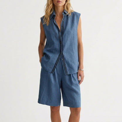 Relaxed Sleeveless Button-Up Shirt and Wide-Leg Pleated Shorts Set