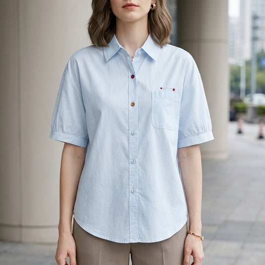Classic Puff Sleeve Button-Front Everyday Shirt Blouse