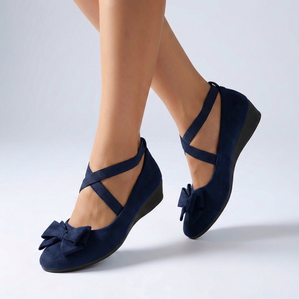 Fitted Wedge Loafers with Cross-over Straps and Bow Detail