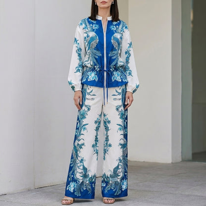 Botanical Zip-Front Top and Wide-Leg Pants Ensemble
