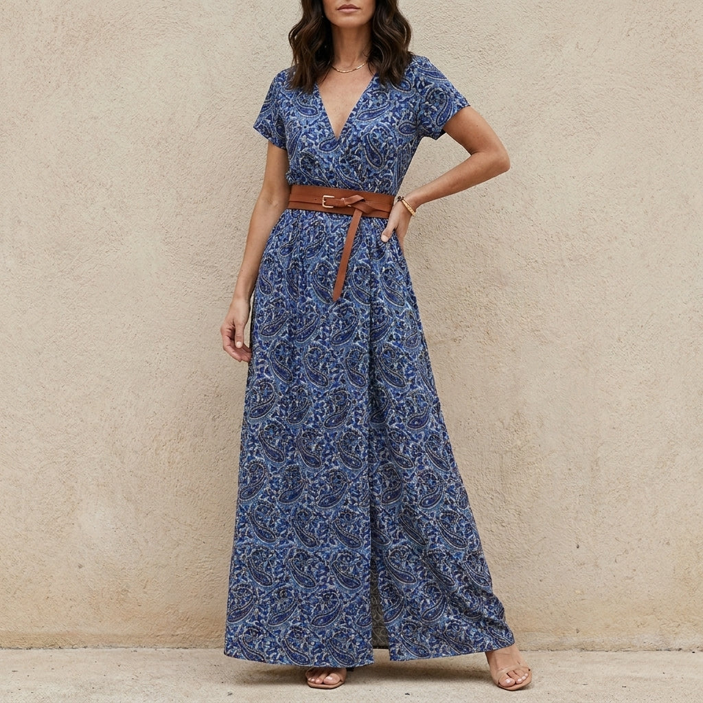 Bohemian Printed Maxi Dress with Belted Waist Detail