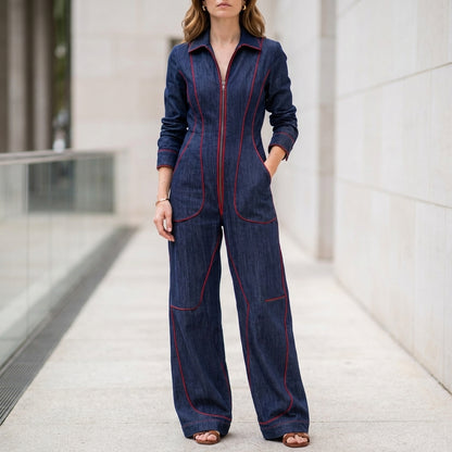 Tailored Zip-Front Contrast Stitch Wide-Leg Jumpsuit