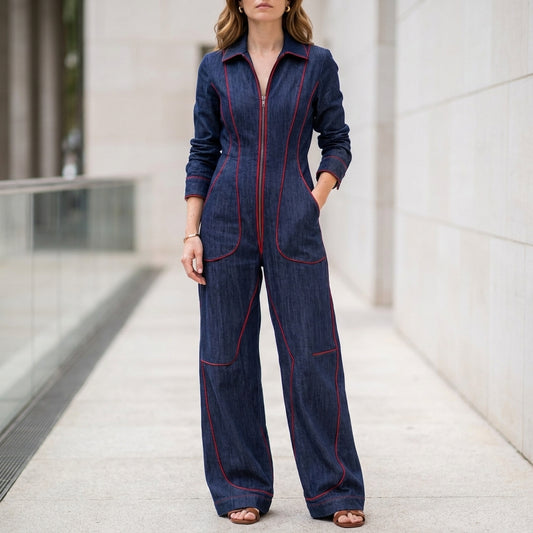 Tailored Zip-Front Contrast Stitch Wide-Leg Jumpsuit