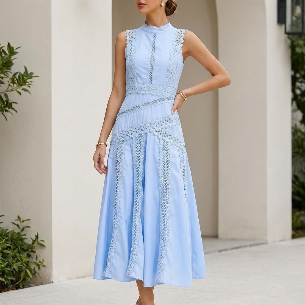 Structured Lace A-Line Midi Dress with High Neckline