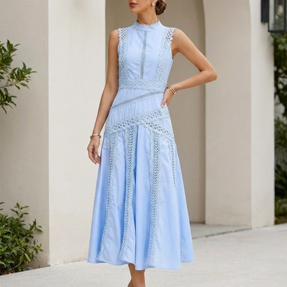 Structured Lace A-Line Midi Dress with High Neckline