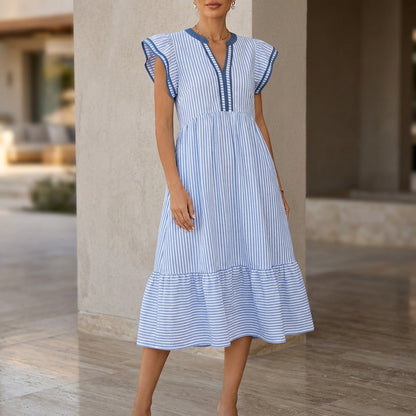 A-Line Midi Dress with Double Ruffle Sleeves and Contrasting Trim