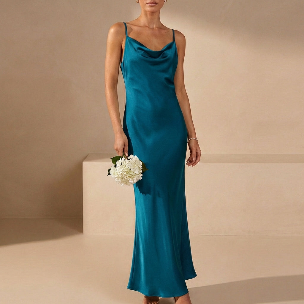 Satin Fitted Cowl Neck Maxi Dress with Spaghetti Straps for Evenings