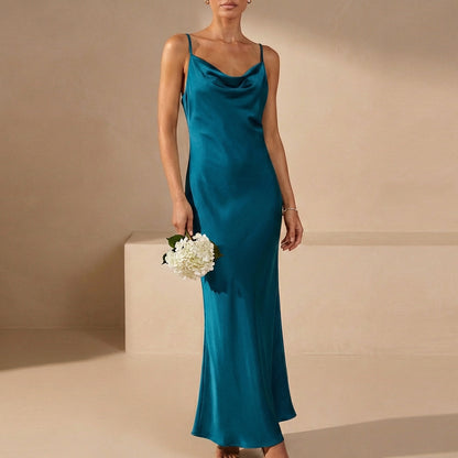 Satin Fitted Cowl Neck Maxi Dress with Spaghetti Straps for Evenings