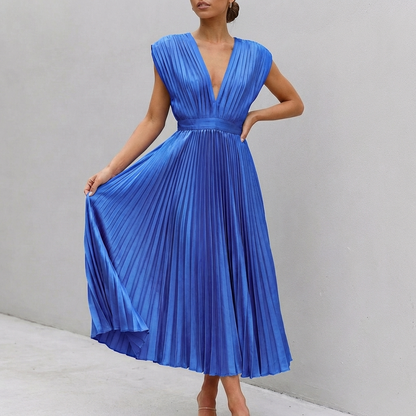 Alaina Midi Dress with Draped Bodice and Defined Waist