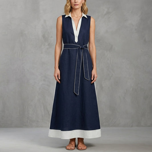 A-Line Maxi Dress with Belted Waist and Contrast Lapel