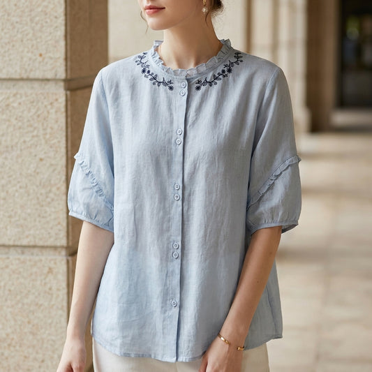 Relaxed Embroidered Button-Up Blouse with Ruffle Trim