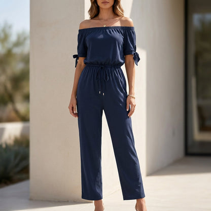 Elegant Off-Shoulder Jumpsuit with Adjustable Waist and Bow-Tie Sleeves