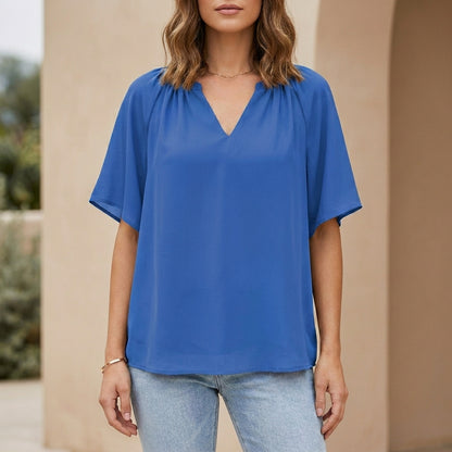 Relaxed V-Neck Blouse with Gathered Neckline and Flutter Sleeves