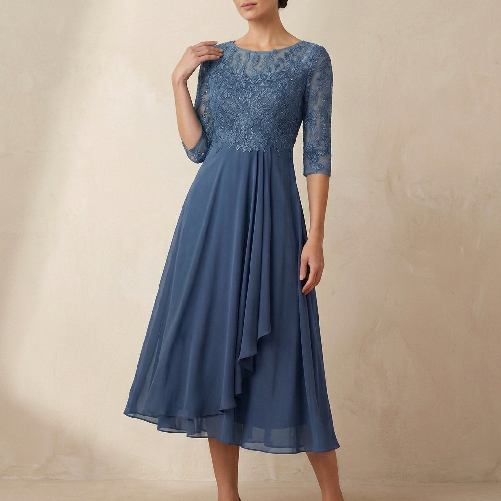 Embroidered A-Line Midi Dress with Sheer Sleeves and Pockets