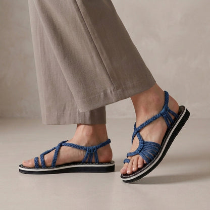Braided Strappy Sandals with Wrapped Ankle and Contrast Stitching