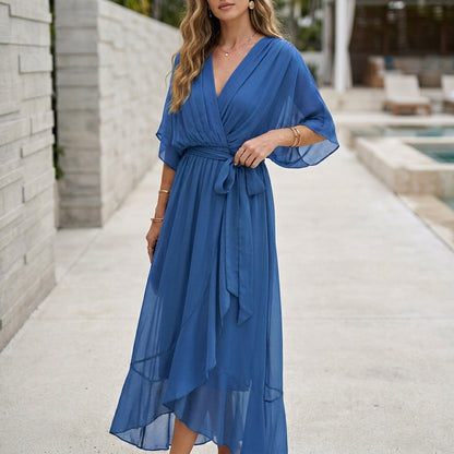 Flowing Midi Dress with Pleated Wrap Bodice and Ruffled Hem