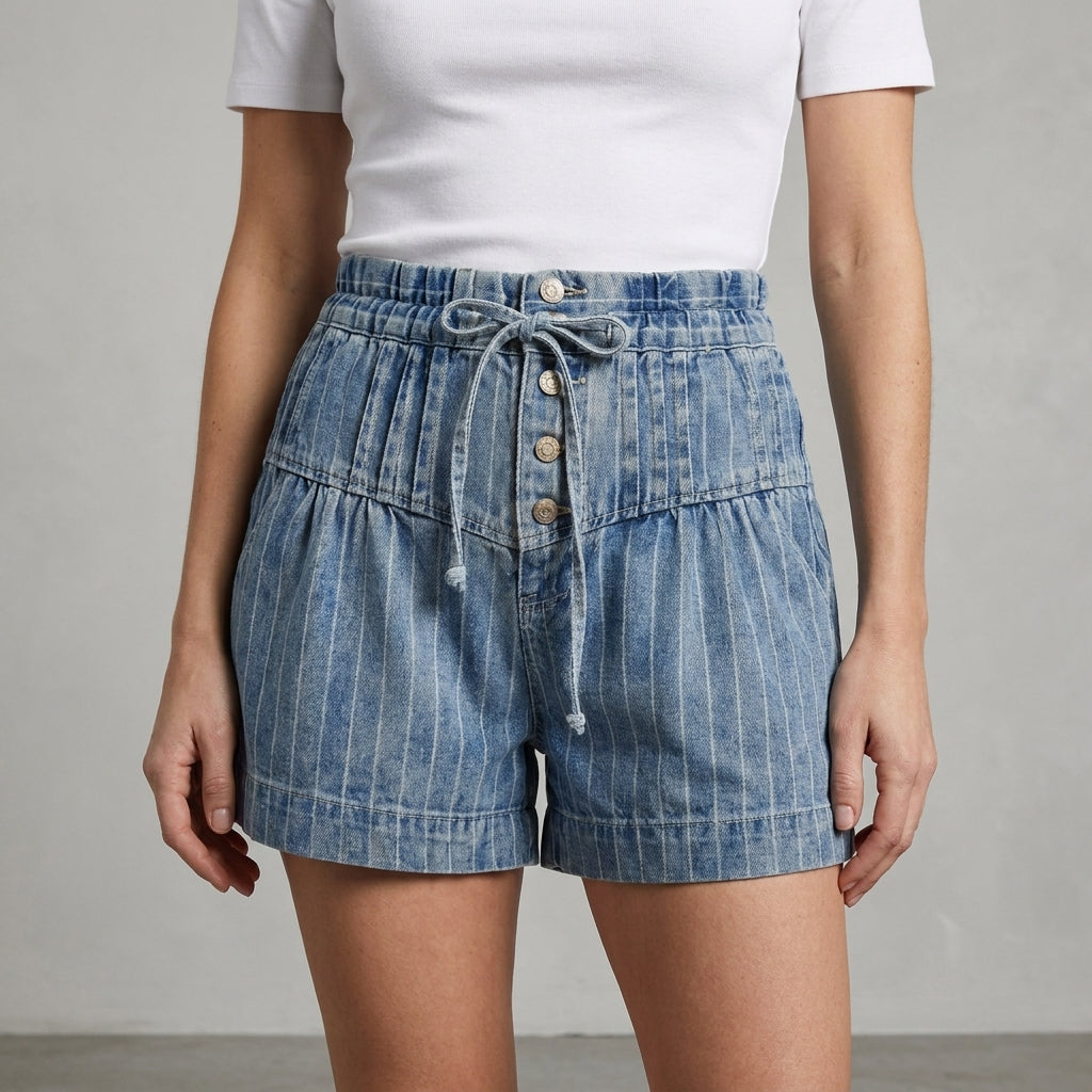 Vintage Stripe Denim Paperbag Shorts with Relaxed Fit