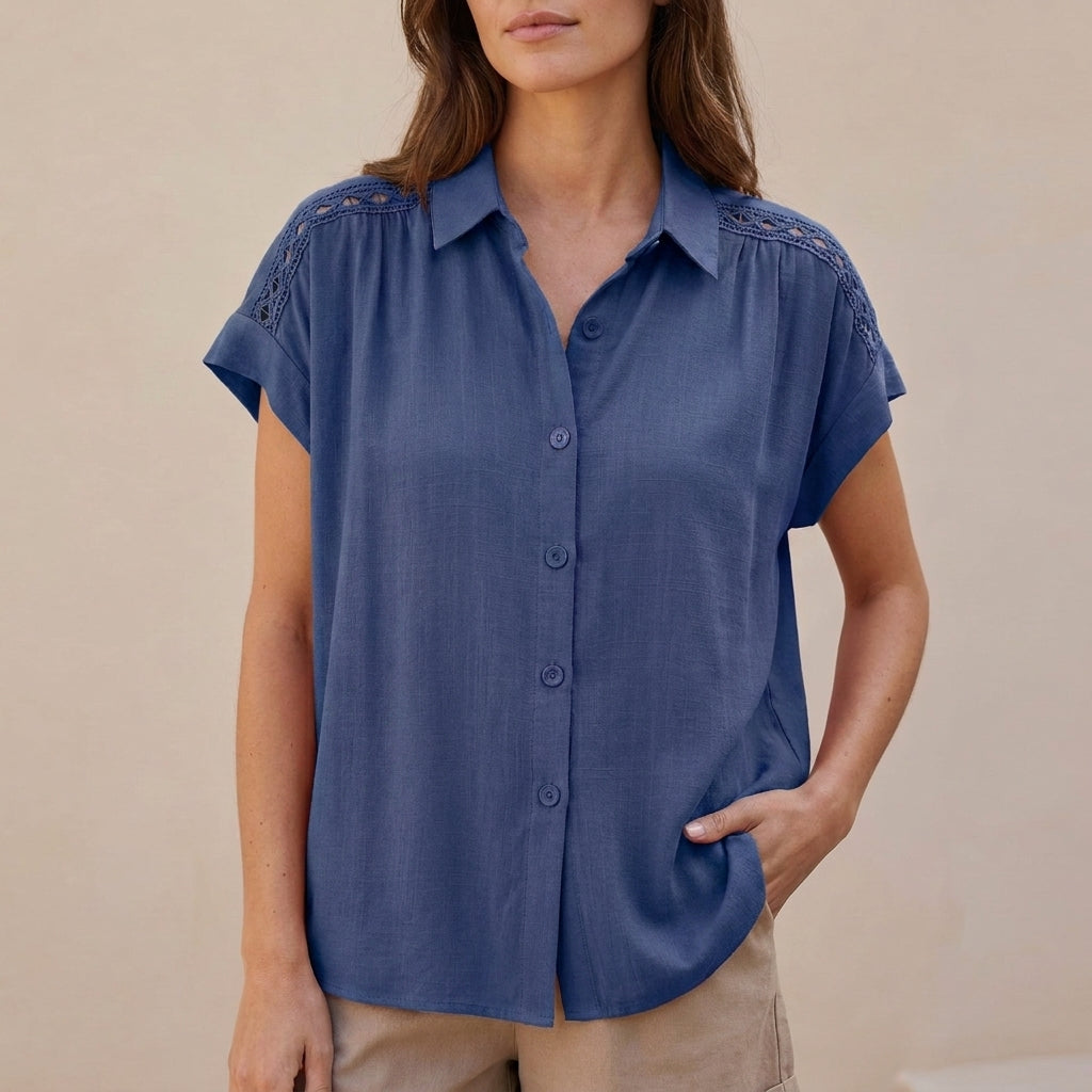 Relaxed Short-Sleeve Blouse with Delicate Crochet Lace Accents