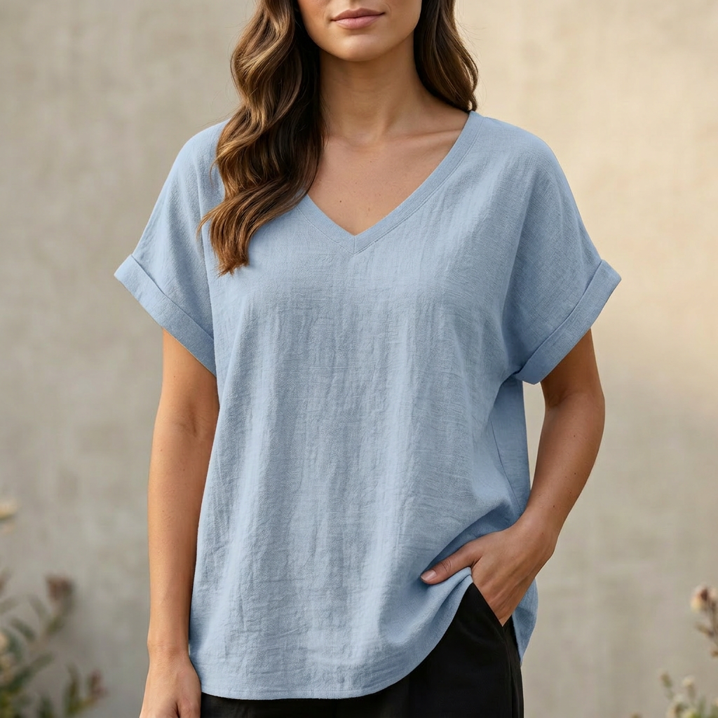 V-Neck T-Shirt with Asymmetrical Hem and Relaxed Fit