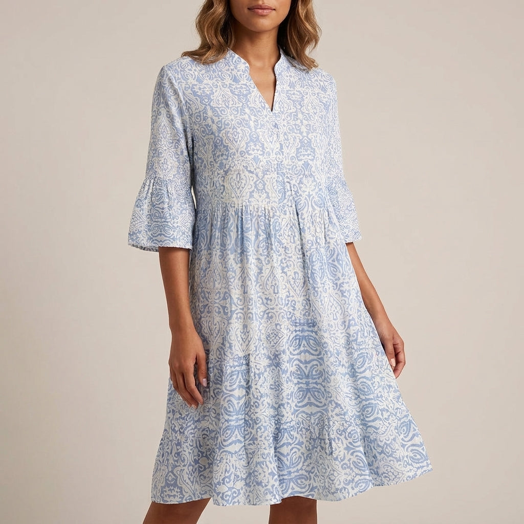Bohemian-Inspired Relaxed Midi Dress with Flared Bell Sleeves and Ornate Print