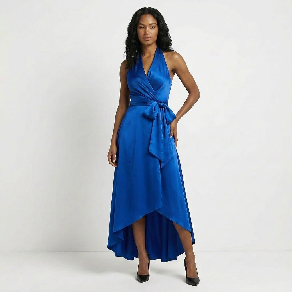 Satin Halter Neck Wrap Maxi Dress with Bow Tie Waist and Ruffled Hem