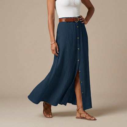 Flowing A-Line Maxi Skirt with Button Front and Slit Detail