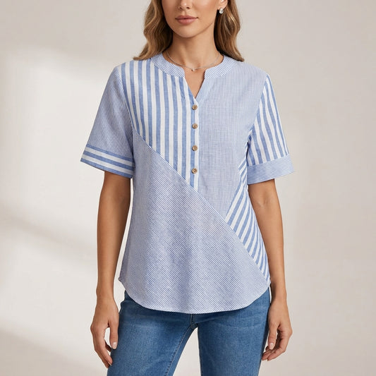 Relaxed Fit Blouse with Asymmetrical Seam and Stand Collar