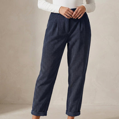 High-Waisted Ribbed Corduroy Pants with Tapered Ankle Silhouette