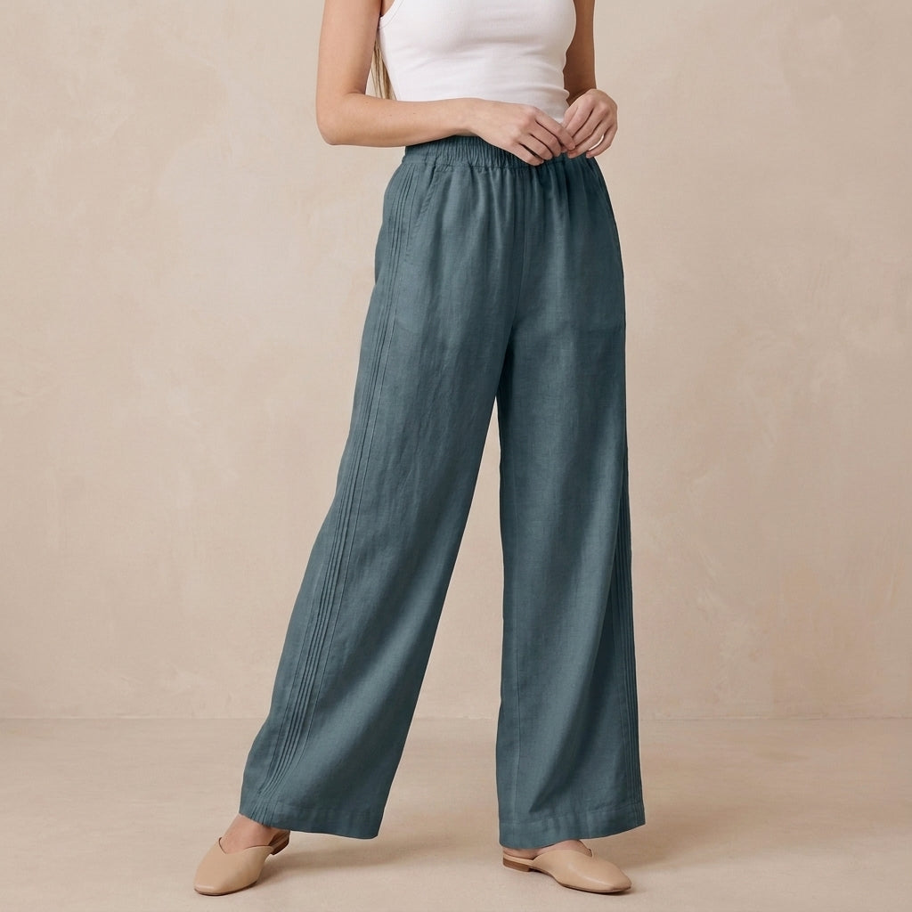 High-Rise Wide-Leg Casual Pants with Textured Vertical Detailing