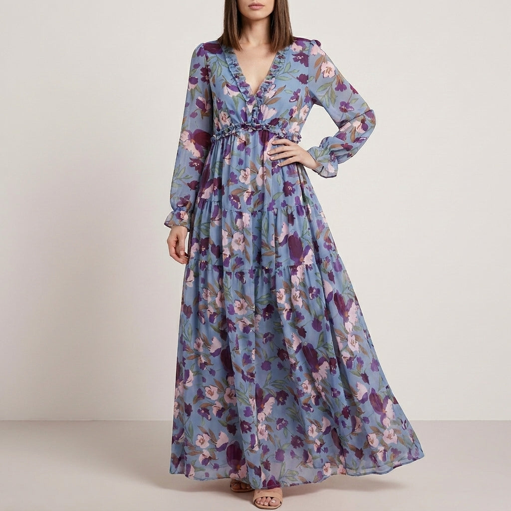 Romantic Floral Tiered Maxi Dress with Smocked Waist Detail