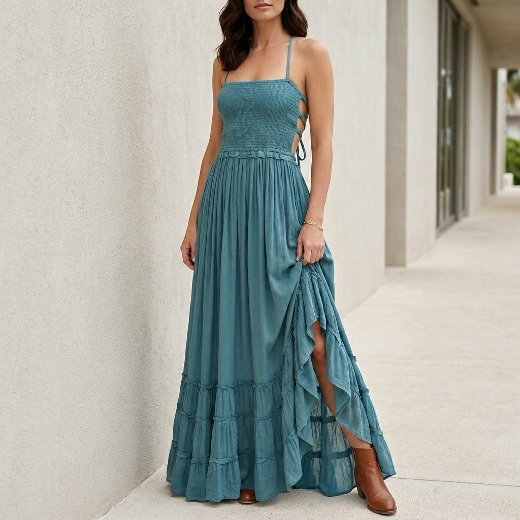 Bohemian Open-Back Smocked Maxi Dress with Ruffle Hem