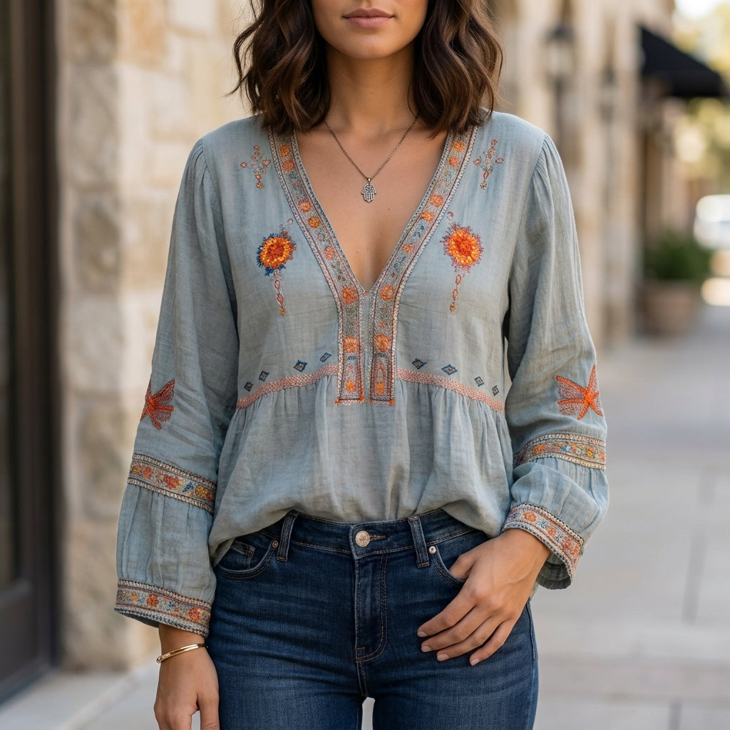 Embroidered V-Neck Blouse with Wide Cuffs and Peplum Detail