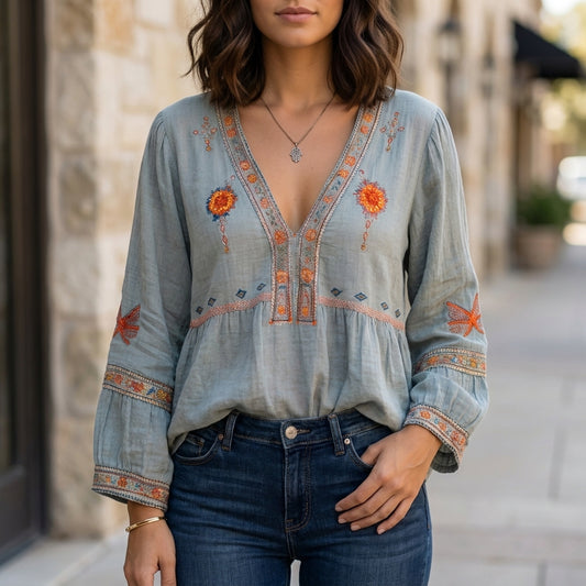 Embroidered V-Neck Blouse with Wide Cuffs and Peplum Detail