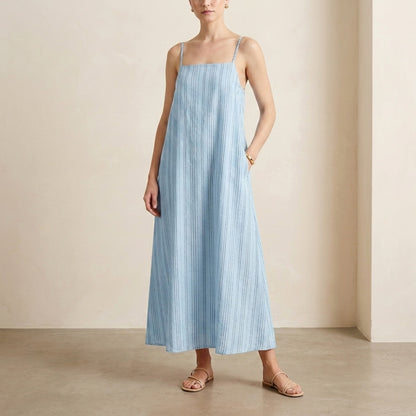 Flowing Striped Maxi Dress with Spaghetti Straps and Square Neckline