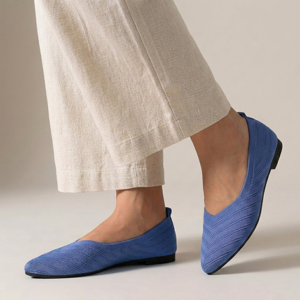Ribbed Knit Pointed-Toe Flats with V-Cut Silhouette
