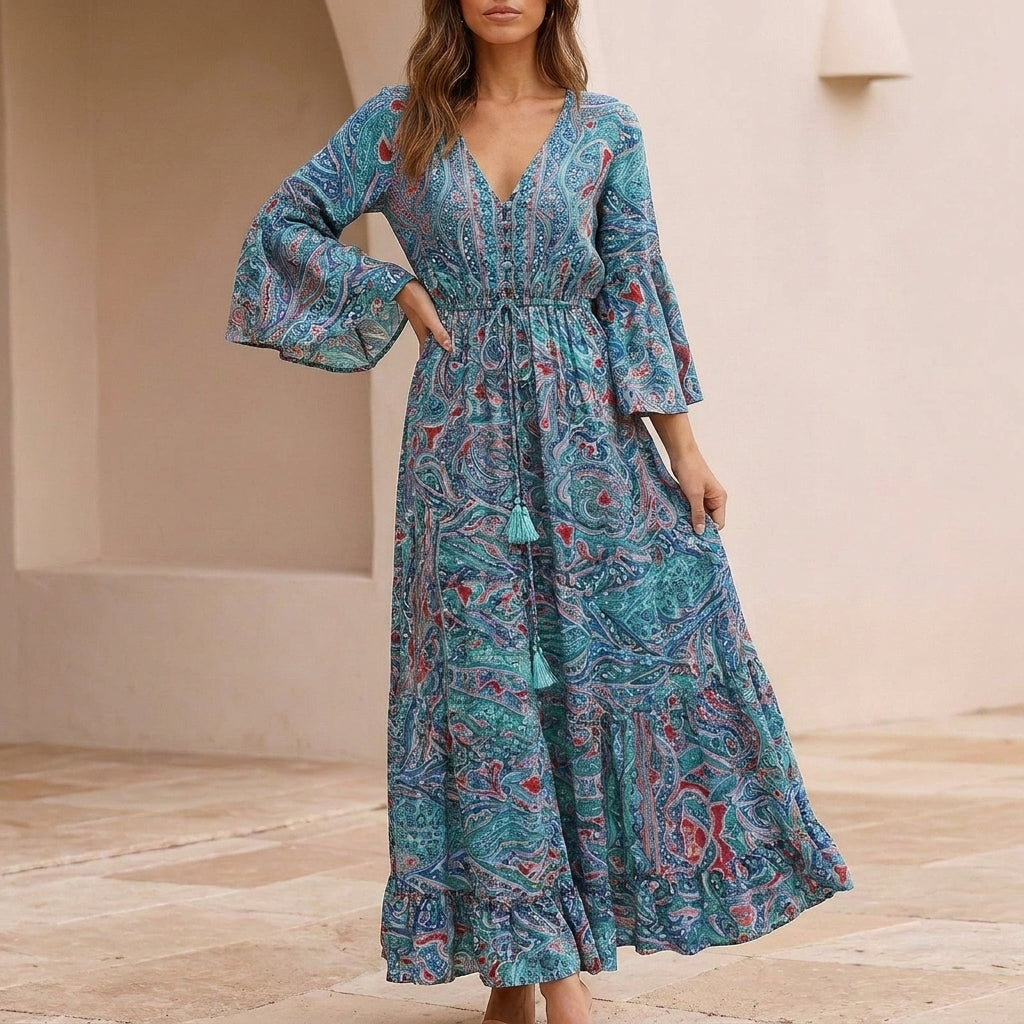 Flowing Bohemian Maxi Dress with Tiered Ruffles and Trumpet Sleeves