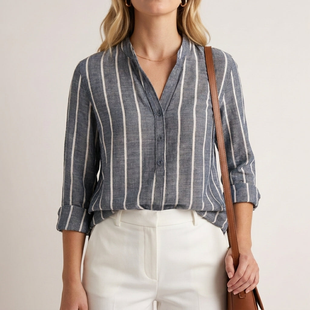 Relaxed Fit Woven Blouse with Stand Collar and Vertical Stripes