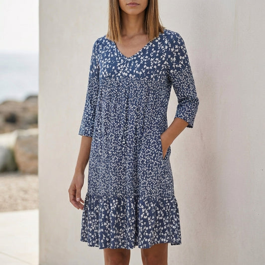 Relaxed Tiered A-Line Dress with V-Neck and 3/4 Sleeves in Fluid Draped Fabric