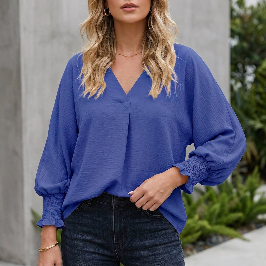 Relaxed V-Neck Blouse with Textured Crinkle and Balloon Sleeves