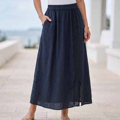 Graceful Lace-Trim Button Detail Midi Skirt