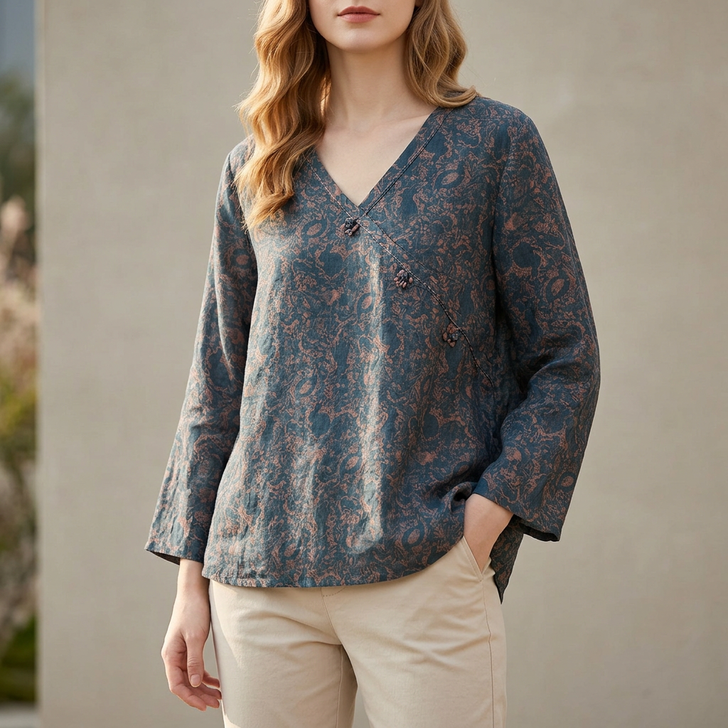Relaxed Crosswrap Blouse with V-Neck and High-Low Hem