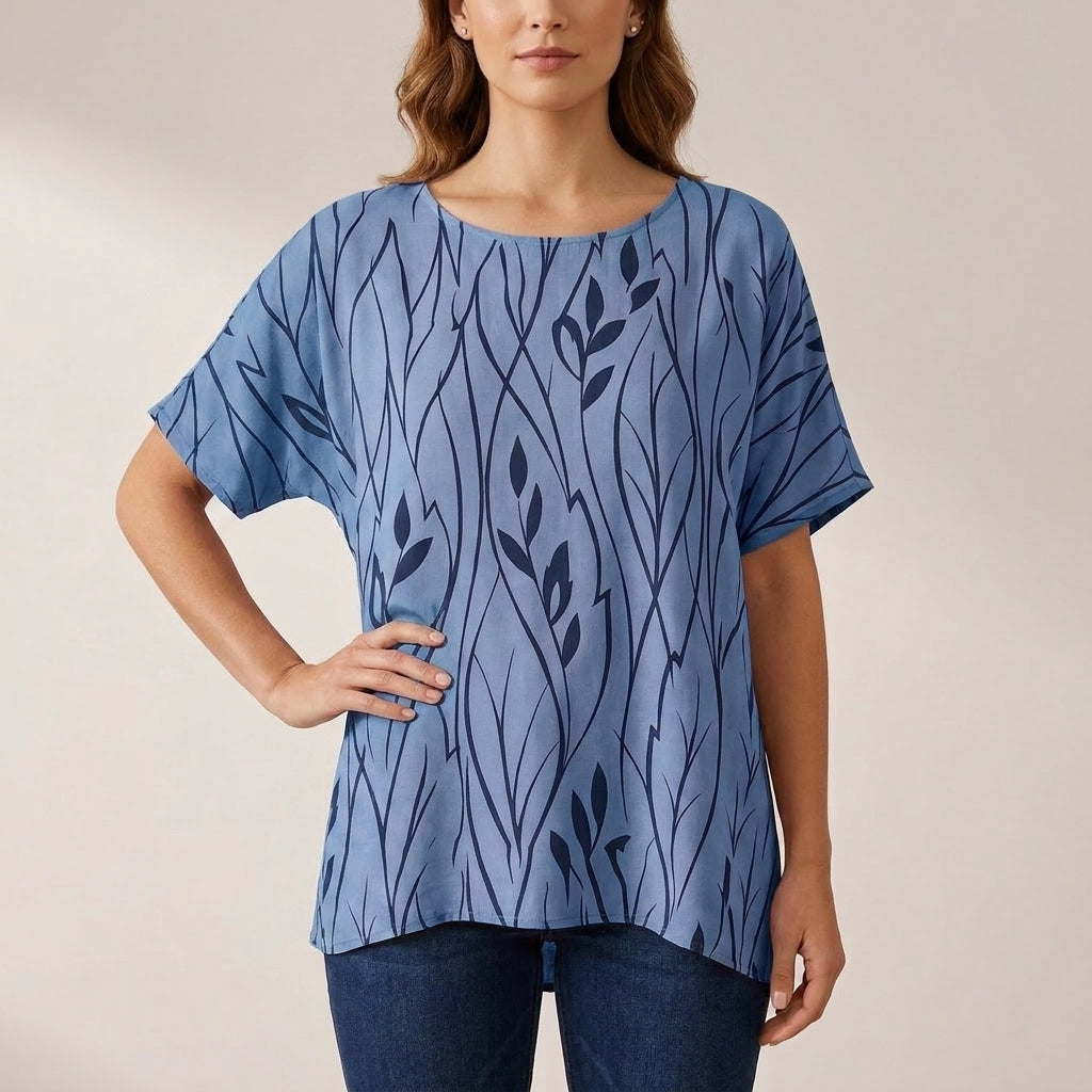 Oversized Draped Tunic with Abstract Botanical Motif and Relaxed Silhouette
