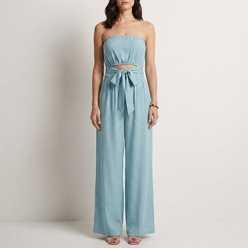 Strapless Wide-Leg Jumpsuit with Waist Tie