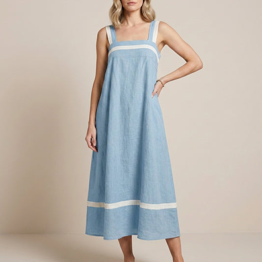 Contrast Trim Sleeveless A-Line Statement Maxi Dress