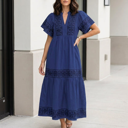 Bohemian Embroidered Tiered Midi Dress with Relaxed Silhouette