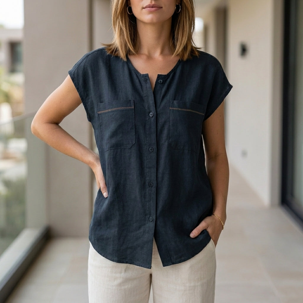 Relaxed Sleeveless Button-Up Blouse with Soft Drape and Front Pockets