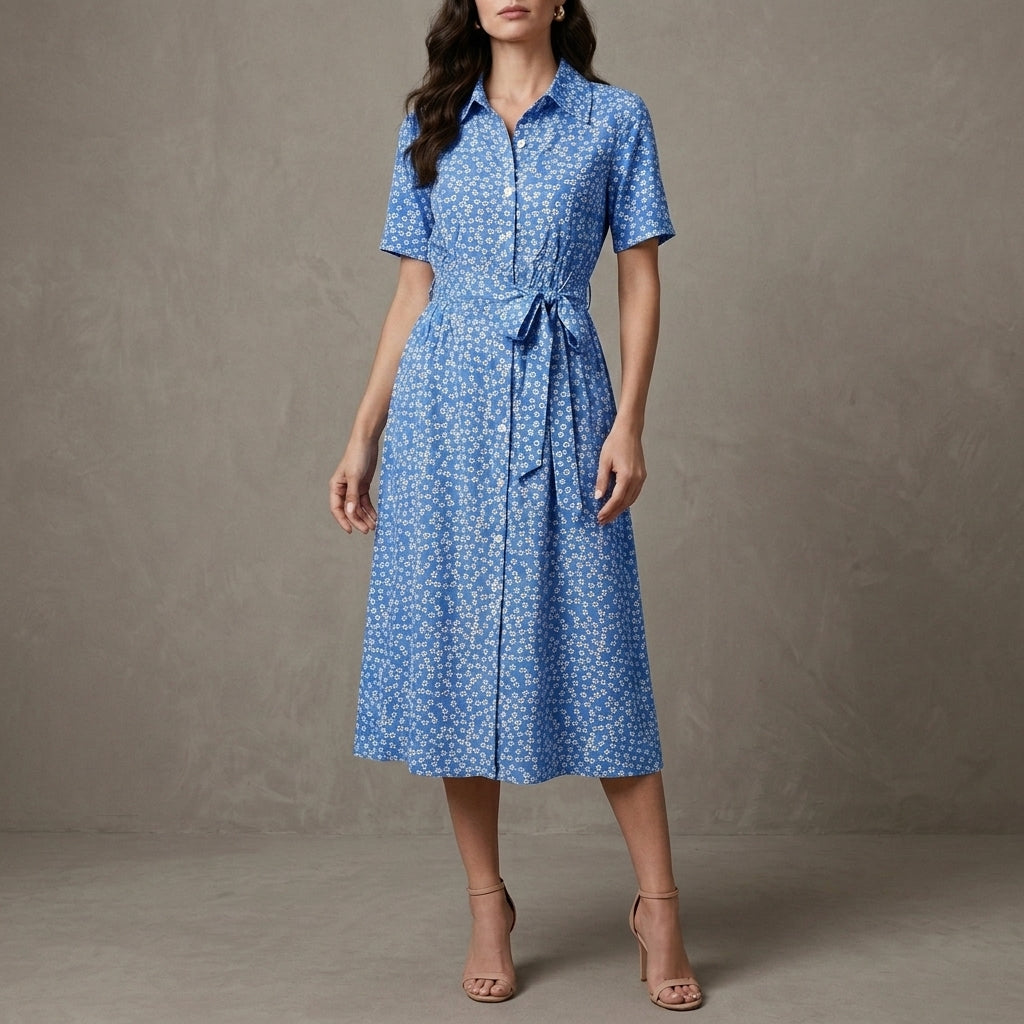 Graceful Floral Midi Dress with Adjustable Waist Tie